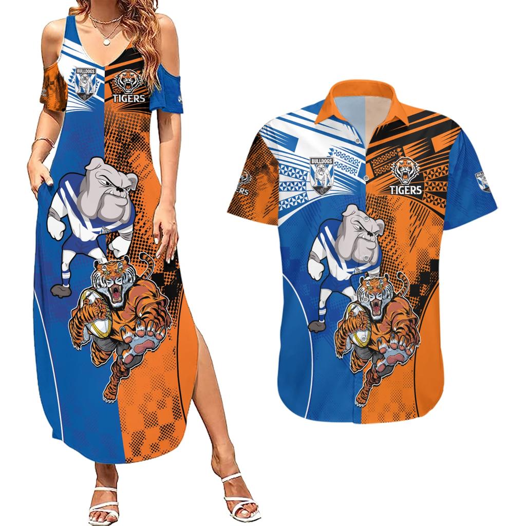 Custom Bulldogs and Tigers Couples Matching Summer Maxi Dress and Hawaiian Shirt Rugby Mascot With Sporty Style
