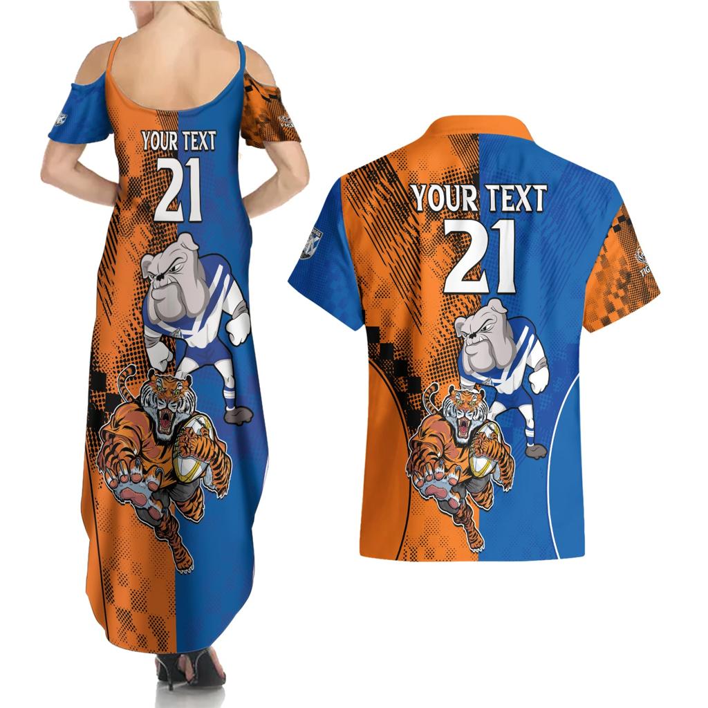 Custom Bulldogs and Tigers Couples Matching Summer Maxi Dress and Hawaiian Shirt Rugby Mascot With Sporty Style