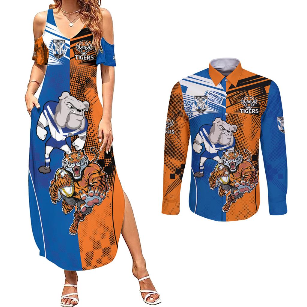 Custom Bulldogs and Tigers Couples Matching Summer Maxi Dress and Long Sleeve Button Shirt Rugby Mascot With Sporty Style