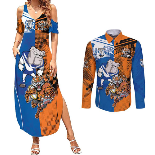 Custom Bulldogs and Tigers Couples Matching Summer Maxi Dress and Long Sleeve Button Shirt Rugby Mascot With Sporty Style