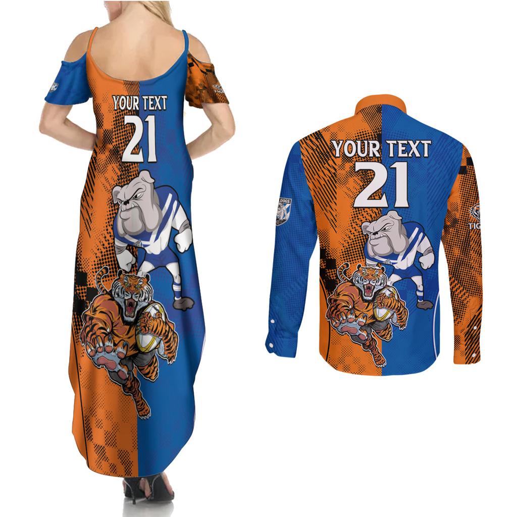 Custom Bulldogs and Tigers Couples Matching Summer Maxi Dress and Long Sleeve Button Shirt Rugby Mascot With Sporty Style