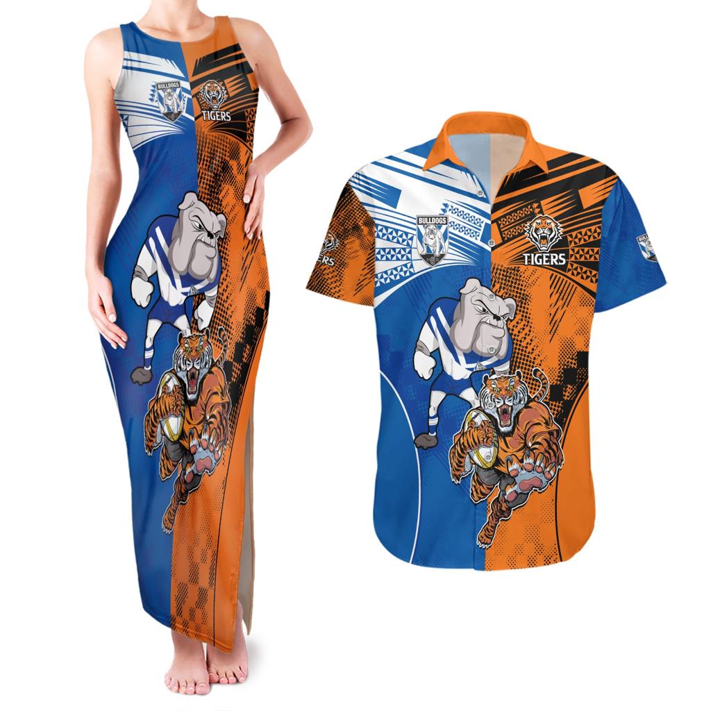 Custom Bulldogs and Tigers Couples Matching Tank Maxi Dress and Hawaiian Shirt Rugby Mascot With Sporty Style