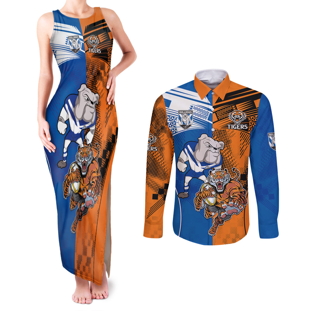 Custom Bulldogs and Tigers Couples Matching Tank Maxi Dress and Long Sleeve Button Shirt Rugby Mascot With Sporty Style