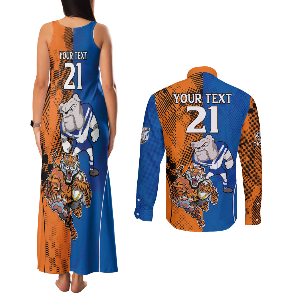 Custom Bulldogs and Tigers Couples Matching Tank Maxi Dress and Long Sleeve Button Shirt Rugby Mascot With Sporty Style