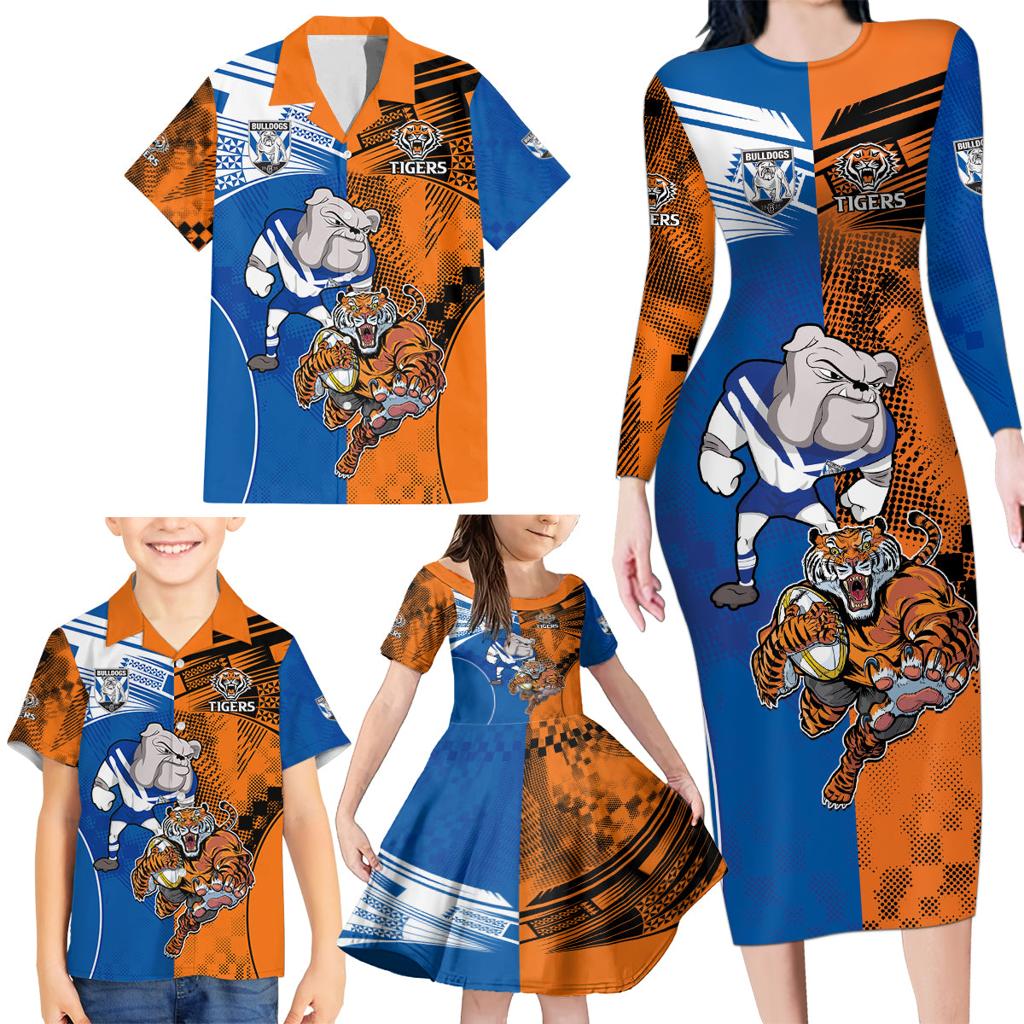 Custom Bulldogs and Tigers Family Matching Long Sleeve Bodycon Dress and Hawaiian Shirt Rugby Mascot With Sporty Style