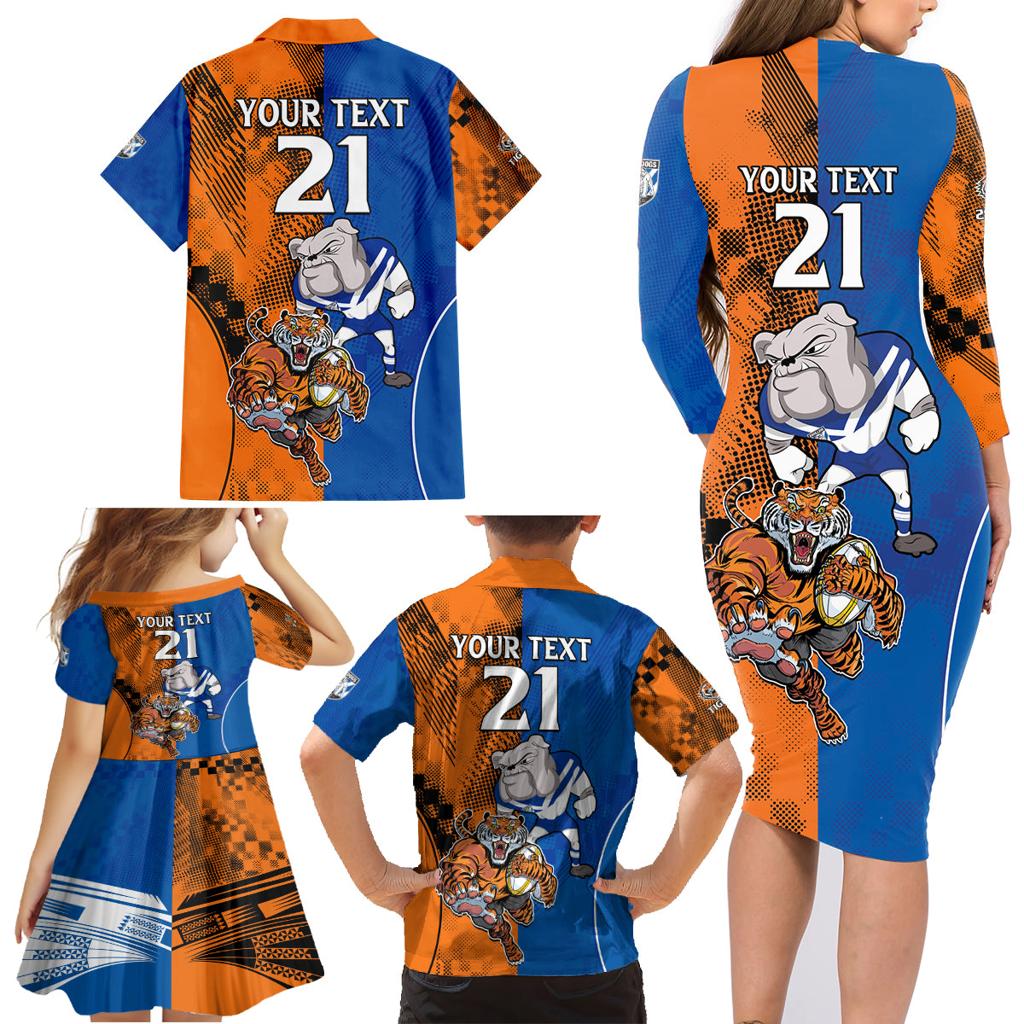 Custom Bulldogs and Tigers Family Matching Long Sleeve Bodycon Dress and Hawaiian Shirt Rugby Mascot With Sporty Style