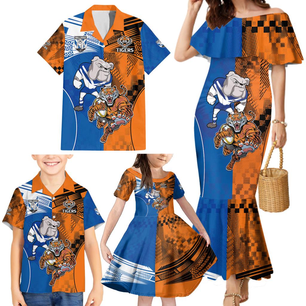 Custom Bulldogs and Tigers Family Matching Mermaid Dress and Hawaiian Shirt Rugby Mascot With Sporty Style