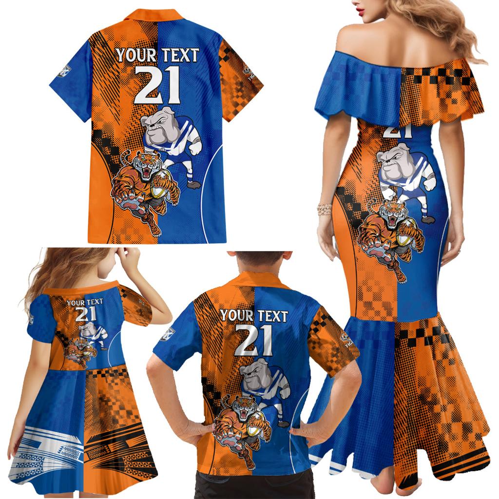 Custom Bulldogs and Tigers Family Matching Mermaid Dress and Hawaiian Shirt Rugby Mascot With Sporty Style