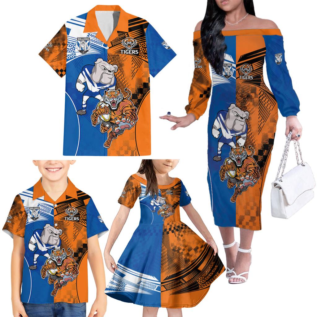 Custom Bulldogs and Tigers Family Matching Off The Shoulder Long Sleeve Dress and Hawaiian Shirt Rugby Mascot With Sporty Style
