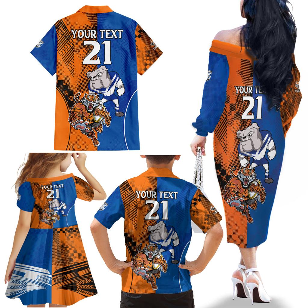 Custom Bulldogs and Tigers Family Matching Off The Shoulder Long Sleeve Dress and Hawaiian Shirt Rugby Mascot With Sporty Style