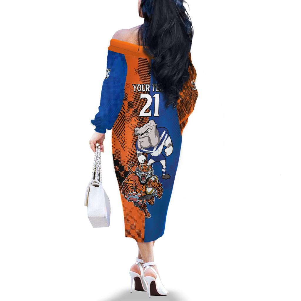 Custom Bulldogs and Tigers Family Matching Off The Shoulder Long Sleeve Dress and Hawaiian Shirt Rugby Mascot With Sporty Style