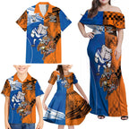 Custom Bulldogs and Tigers Family Matching Off Shoulder Maxi Dress and Hawaiian Shirt Rugby Mascot With Sporty Style