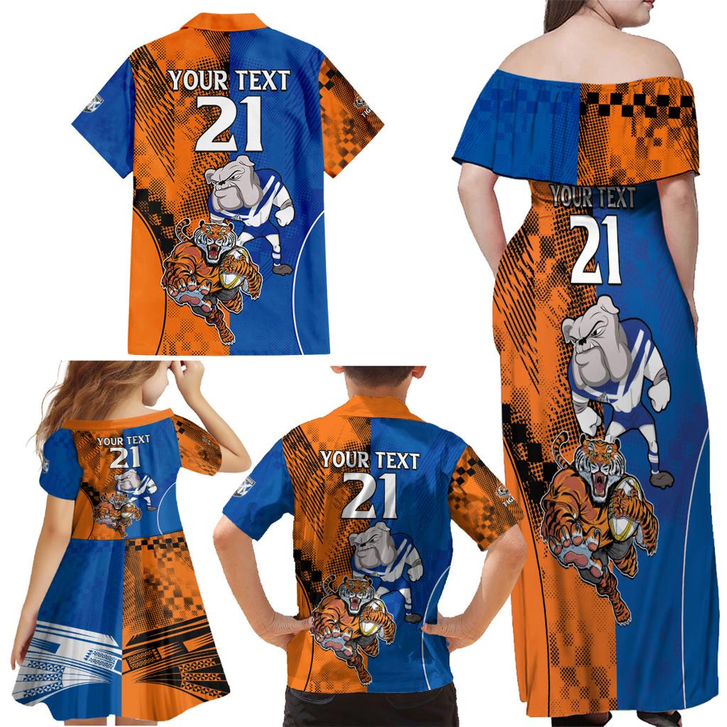 Custom Bulldogs and Tigers Family Matching Off Shoulder Maxi Dress and Hawaiian Shirt Rugby Mascot With Sporty Style