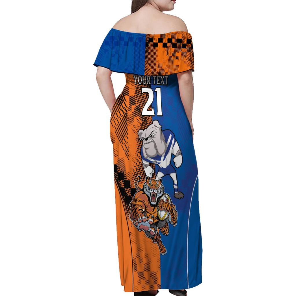 Custom Bulldogs and Tigers Family Matching Off Shoulder Maxi Dress and Hawaiian Shirt Rugby Mascot With Sporty Style