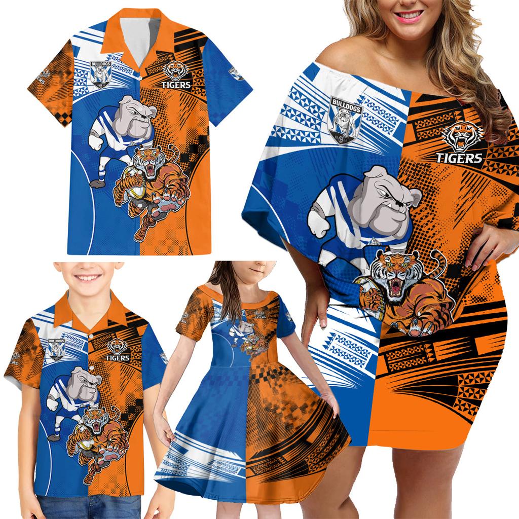 Custom Bulldogs and Tigers Family Matching Off Shoulder Short Dress and Hawaiian Shirt Rugby Mascot With Sporty Style
