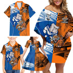 Custom Bulldogs and Tigers Family Matching Off Shoulder Short Dress and Hawaiian Shirt Rugby Mascot With Sporty Style