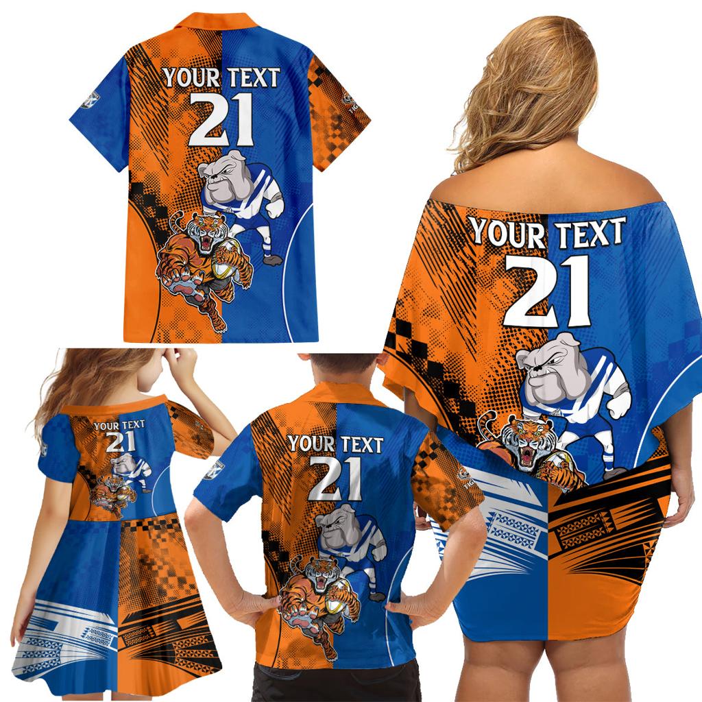 Custom Bulldogs and Tigers Family Matching Off Shoulder Short Dress and Hawaiian Shirt Rugby Mascot With Sporty Style
