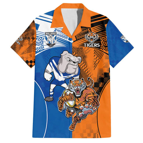 Custom Bulldogs and Tigers Family Matching Off Shoulder Short Dress and Hawaiian Shirt Rugby Mascot With Sporty Style