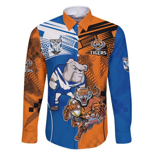 Custom Bulldogs and Tigers Family Matching Off Shoulder Short Dress and Hawaiian Shirt Rugby Mascot With Sporty Style
