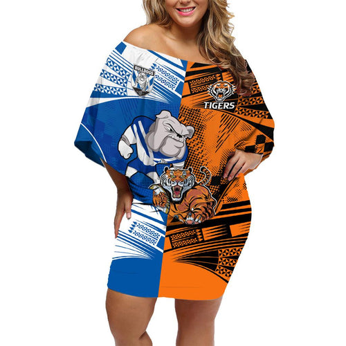 Custom Bulldogs and Tigers Family Matching Off Shoulder Short Dress and Hawaiian Shirt Rugby Mascot With Sporty Style