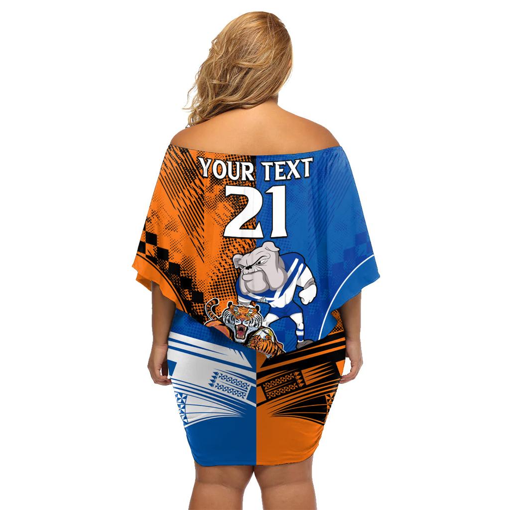 Custom Bulldogs and Tigers Family Matching Off Shoulder Short Dress and Hawaiian Shirt Rugby Mascot With Sporty Style