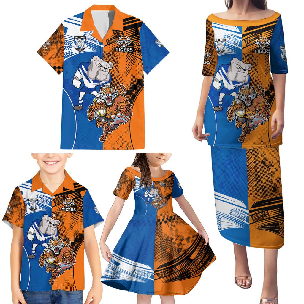 Custom Bulldogs and Tigers Family Matching Puletasi and Hawaiian Shirt Rugby Mascot With Sporty Style