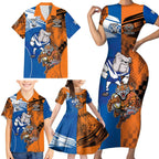 Custom Bulldogs and Tigers Family Matching Short Sleeve Bodycon Dress and Hawaiian Shirt Rugby Mascot With Sporty Style