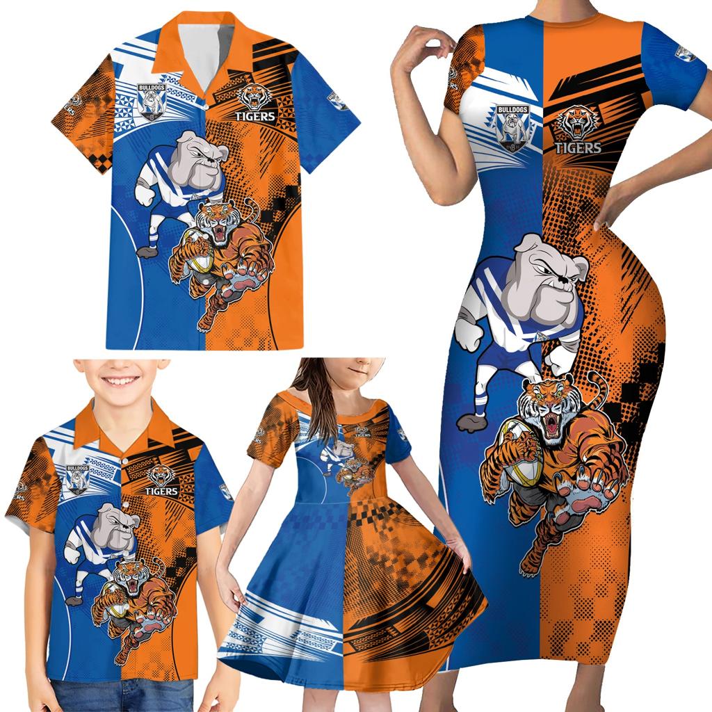 Custom Bulldogs and Tigers Family Matching Short Sleeve Bodycon Dress and Hawaiian Shirt Rugby Mascot With Sporty Style