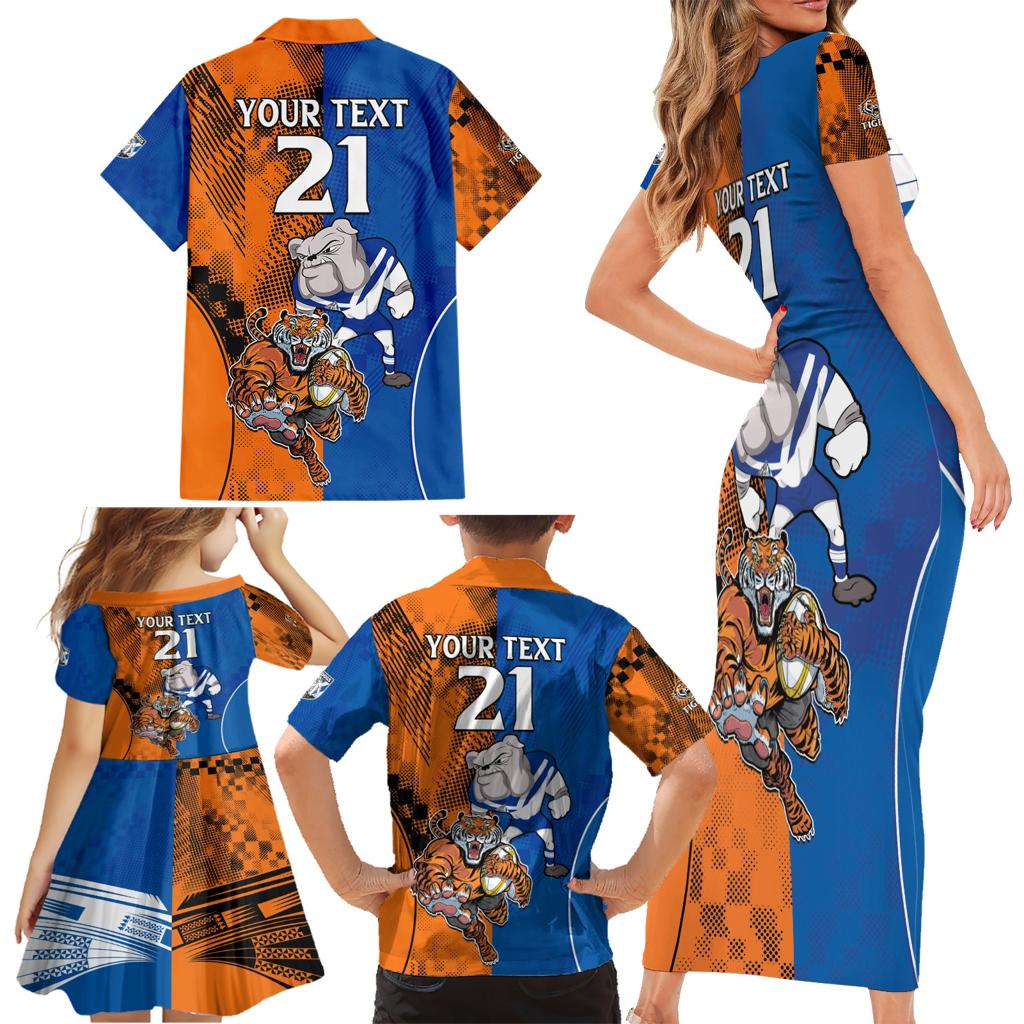 Custom Bulldogs and Tigers Family Matching Short Sleeve Bodycon Dress and Hawaiian Shirt Rugby Mascot With Sporty Style