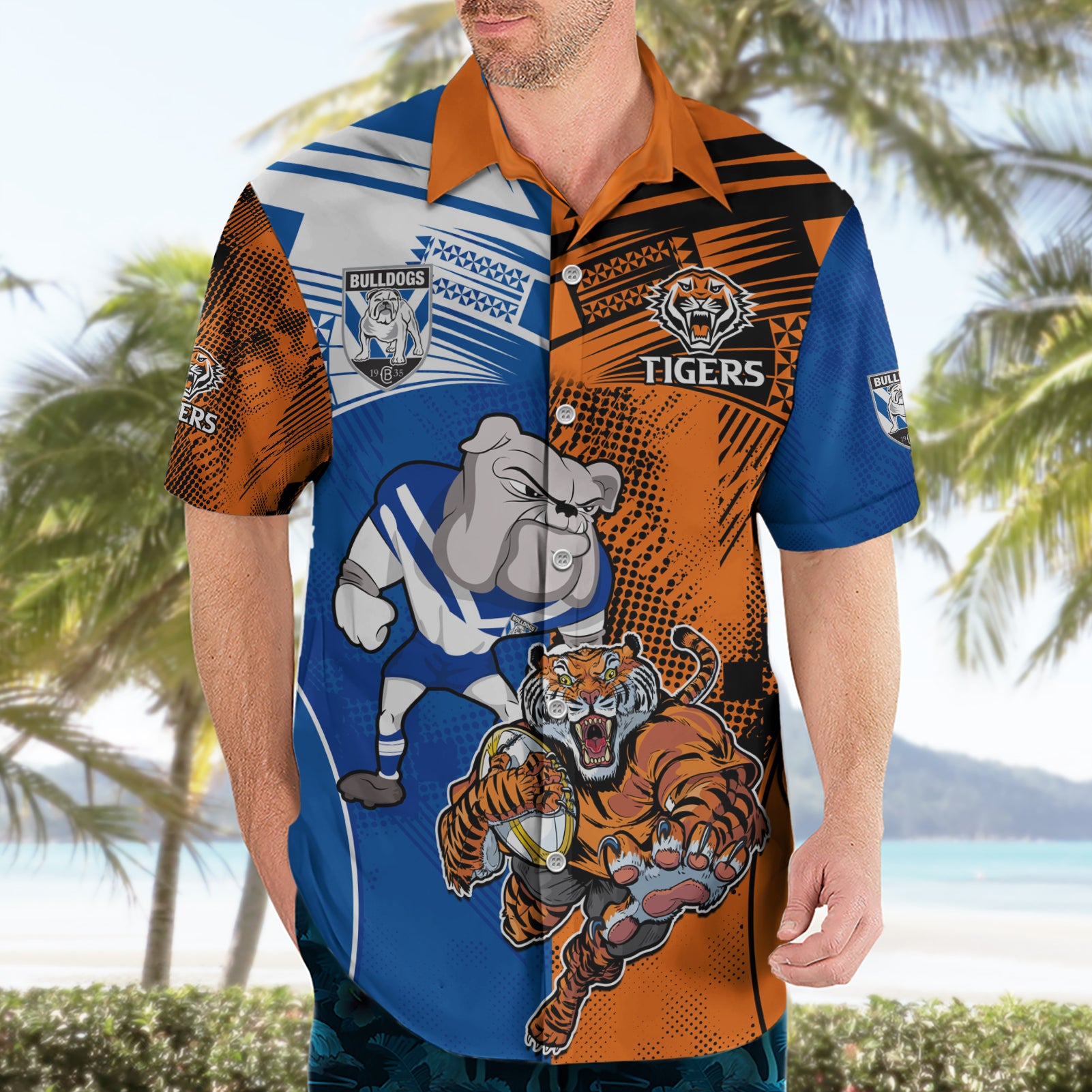 Custom Bulldogs and Tigers Hawaiian Shirt Rugby Mascot With Sporty Style