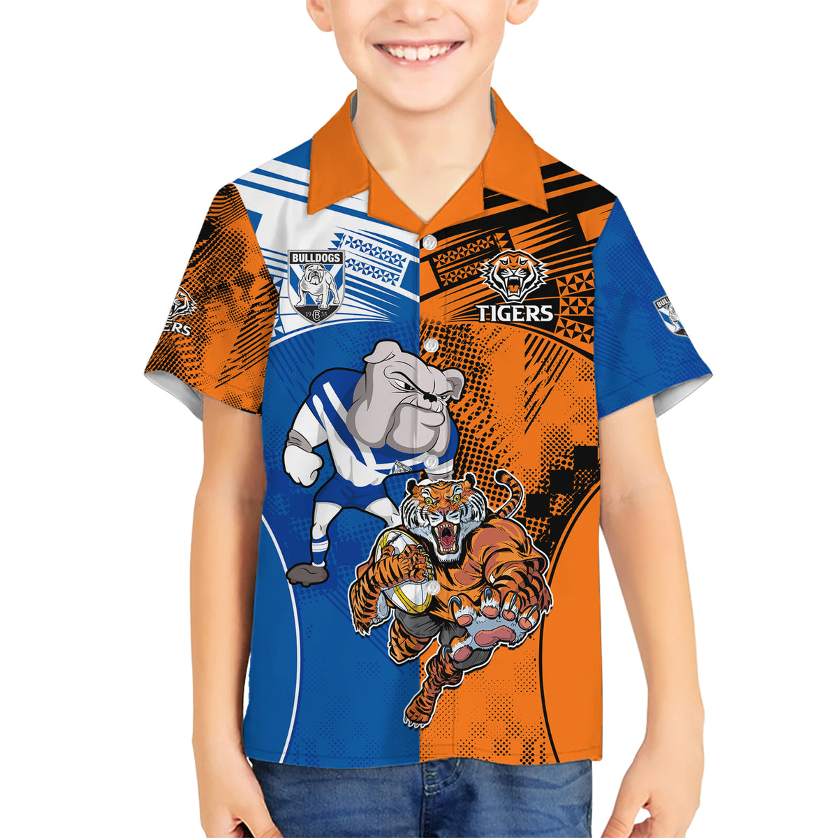 Custom Bulldogs and Tigers Kid Hawaiian Shirt Rugby Mascot With Sporty Style