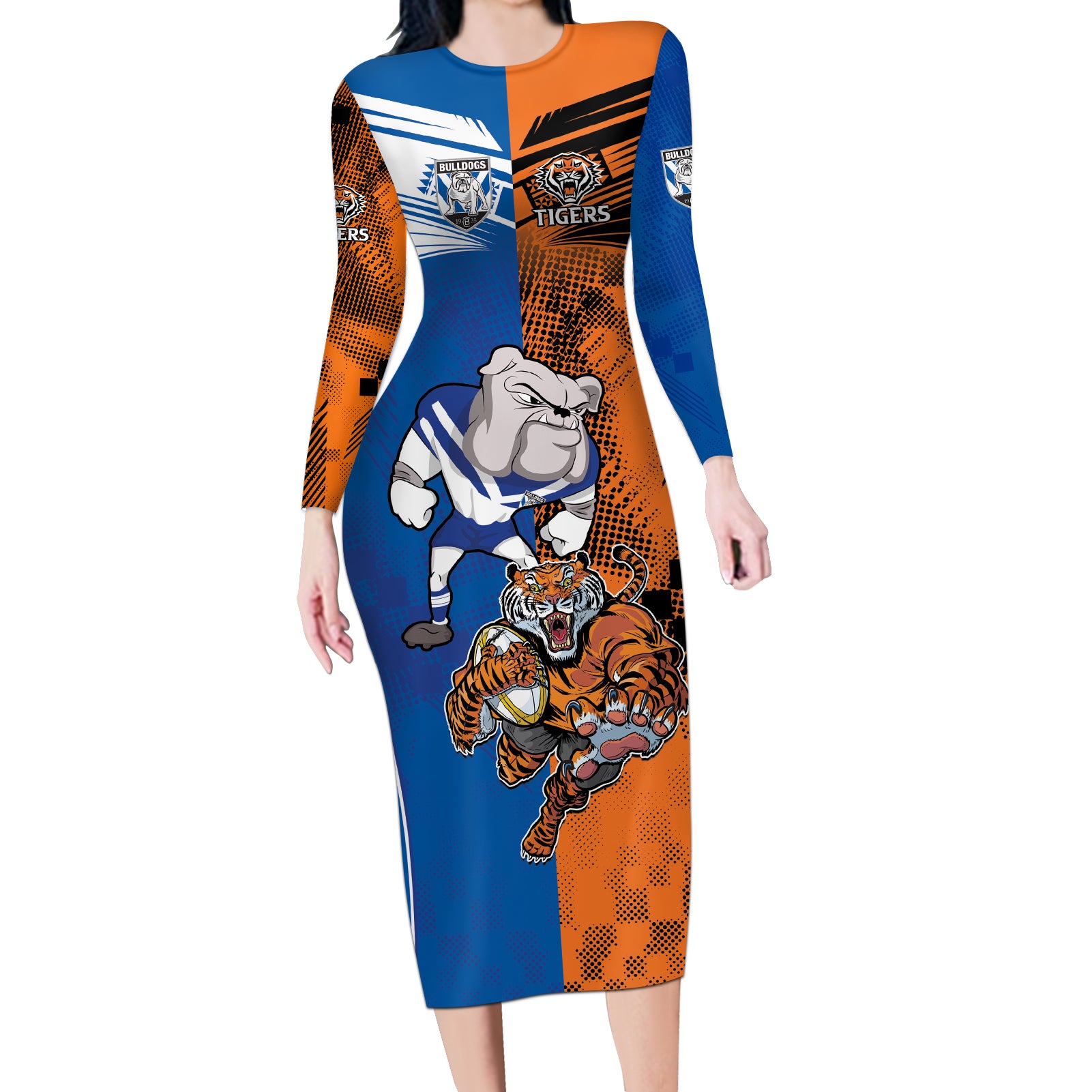 Custom Bulldogs and Tigers Long Sleeve Bodycon Dress Rugby Mascot With Sporty Style