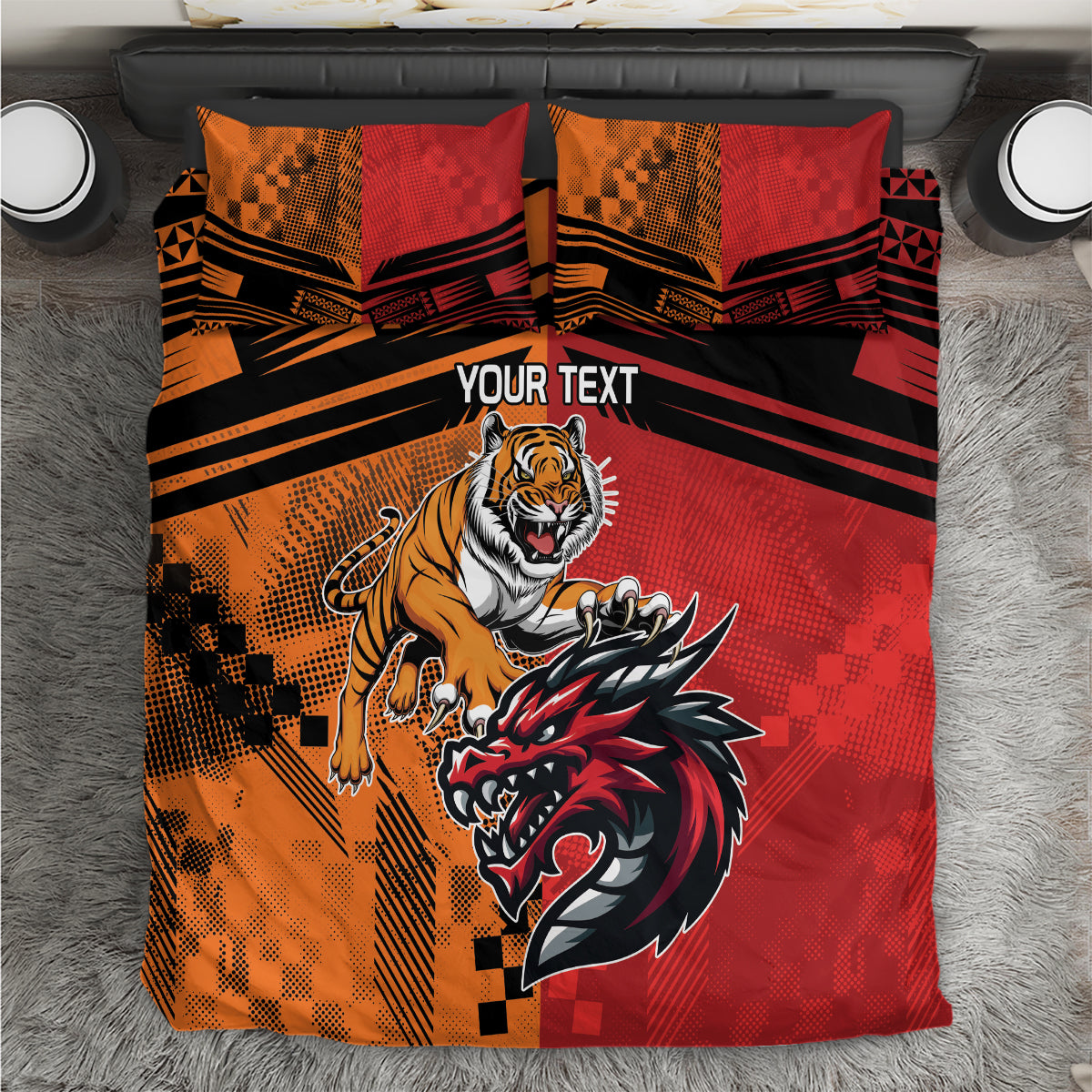 Custom Dragons and Tigers Bedding Set Rugby Mascot With Sporty Style
