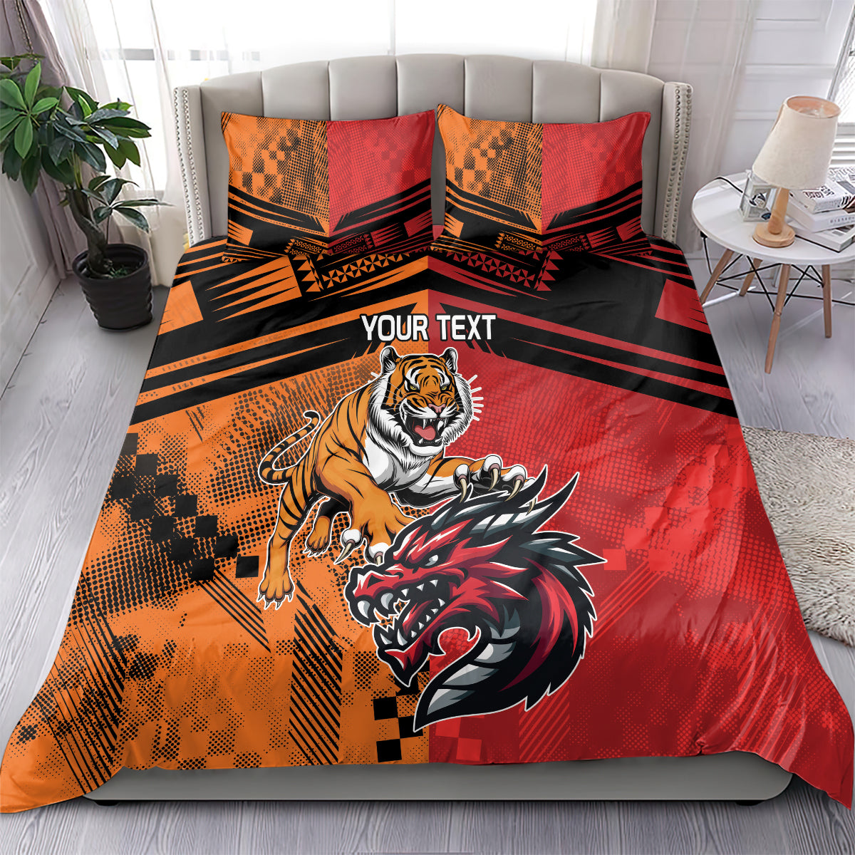 Custom Dragons and Tigers Bedding Set Rugby Mascot With Sporty Style