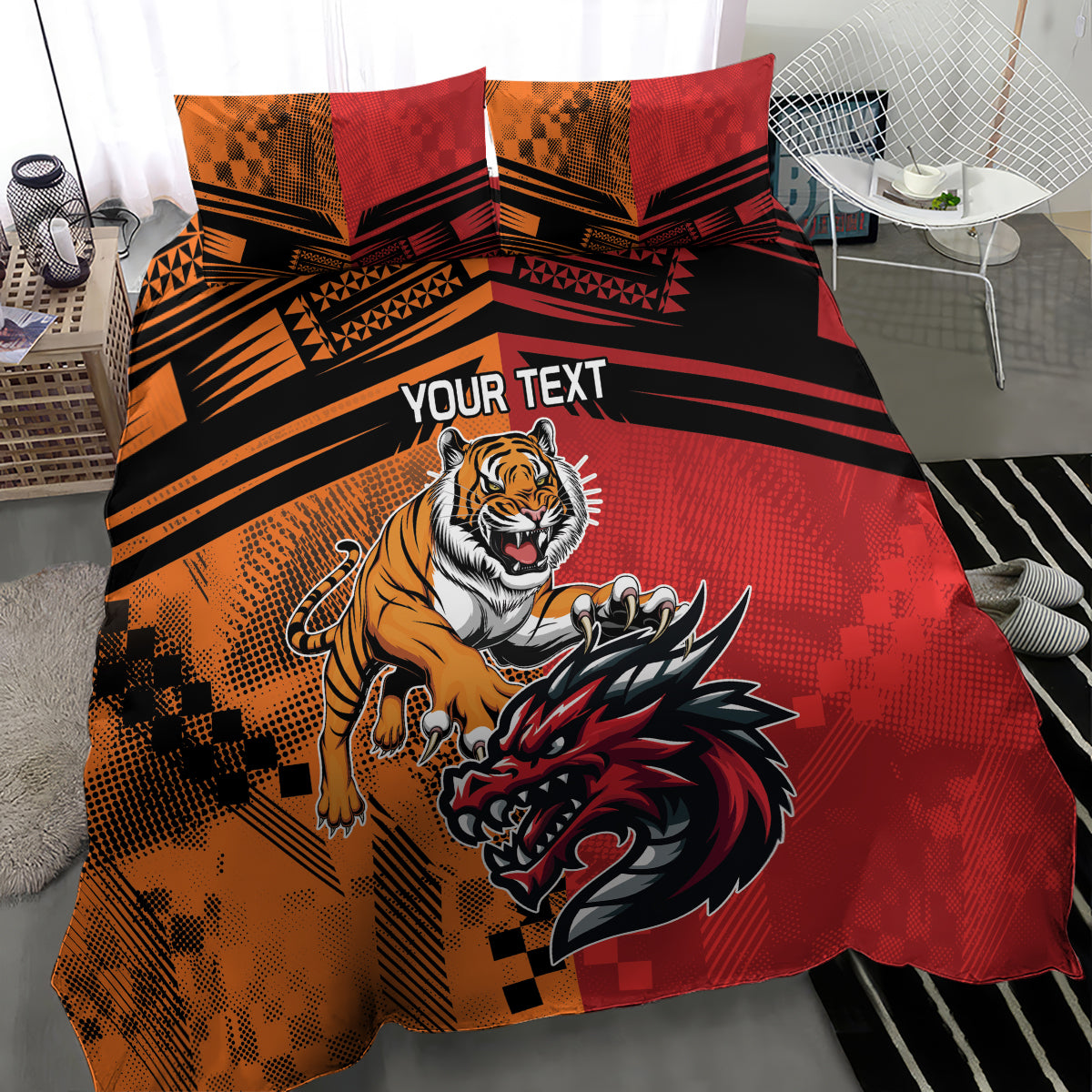 Custom Dragons and Tigers Bedding Set Rugby Mascot With Sporty Style