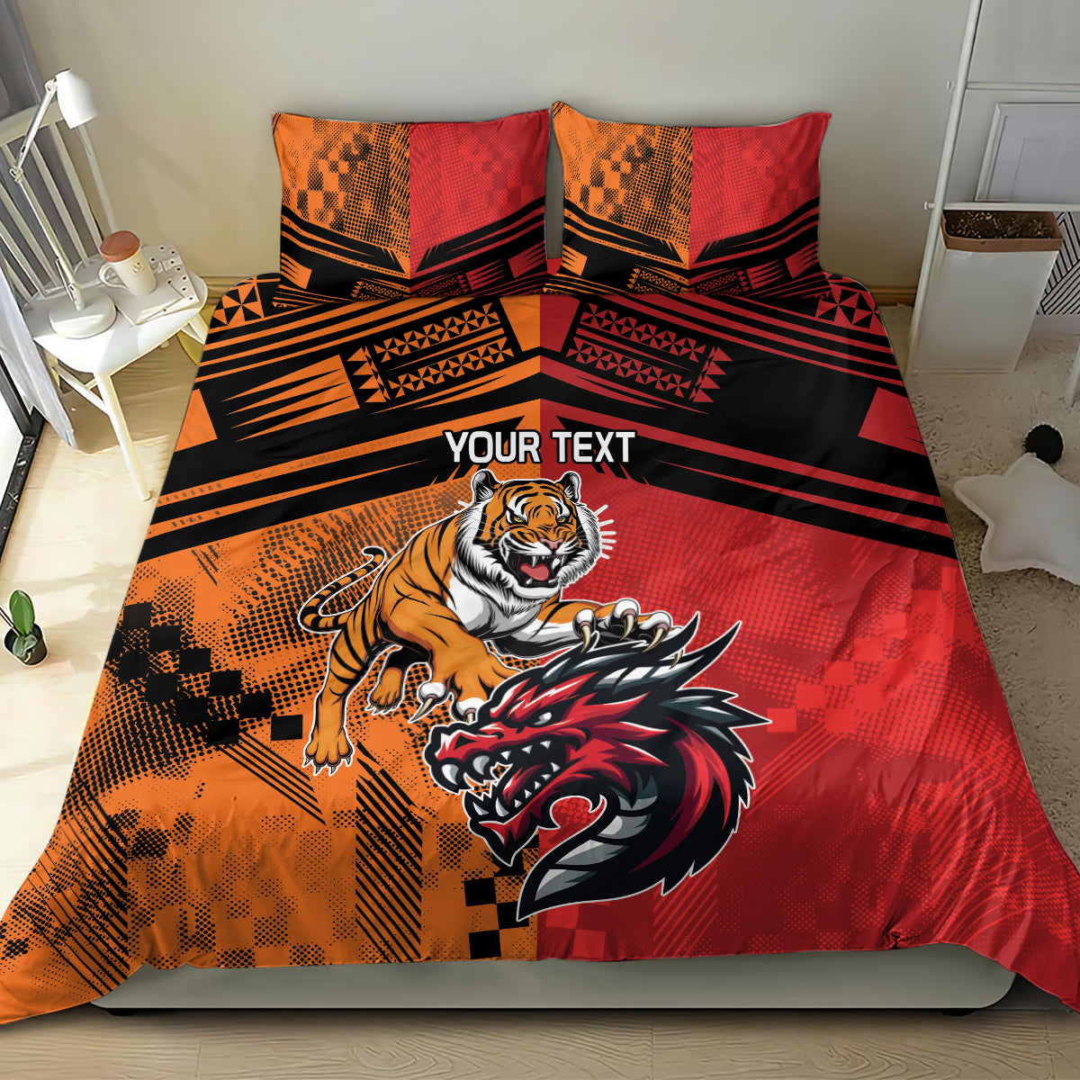 Custom Dragons and Tigers Bedding Set Rugby Mascot With Sporty Style