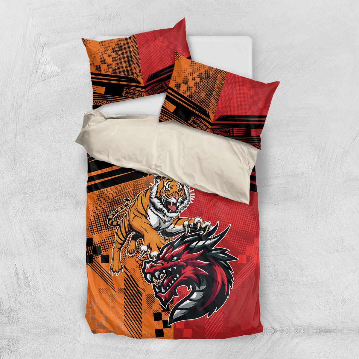 Custom Dragons and Tigers Bedding Set Rugby Mascot With Sporty Style