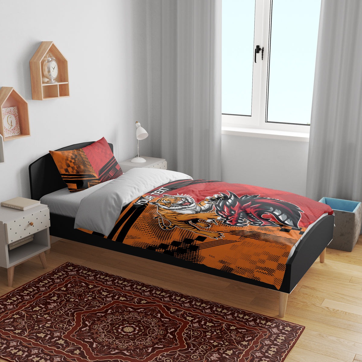 Custom Dragons and Tigers Bedding Set Rugby Mascot With Sporty Style
