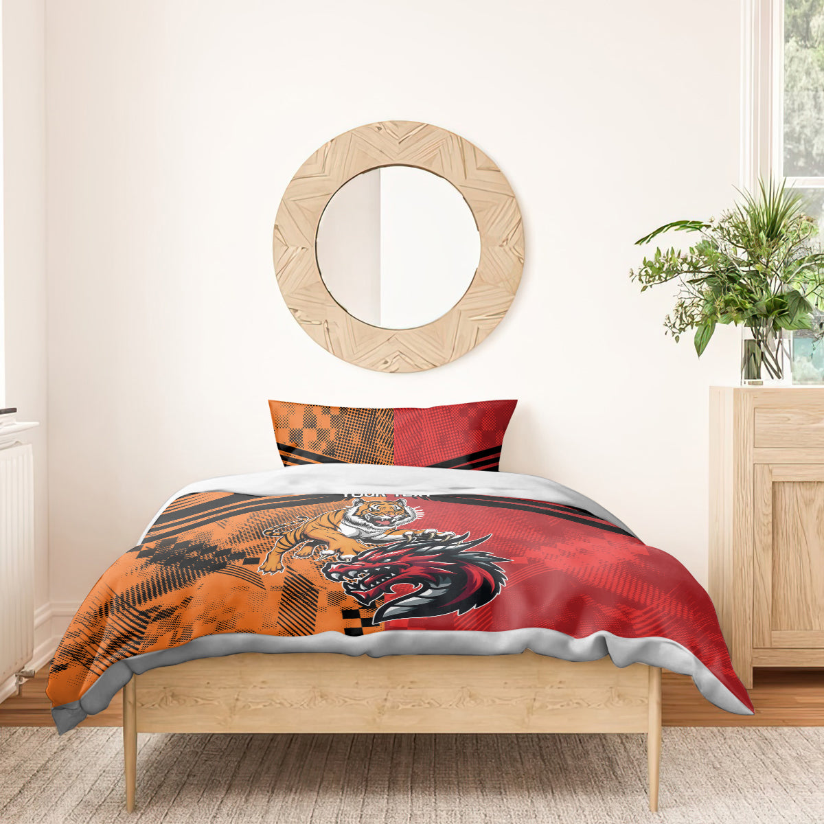 Custom Dragons and Tigers Bedding Set Rugby Mascot With Sporty Style