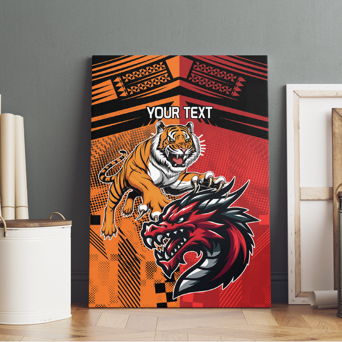 Custom Dragons and Tigers Canvas Wall Art Rugby Mascot With Sporty Style