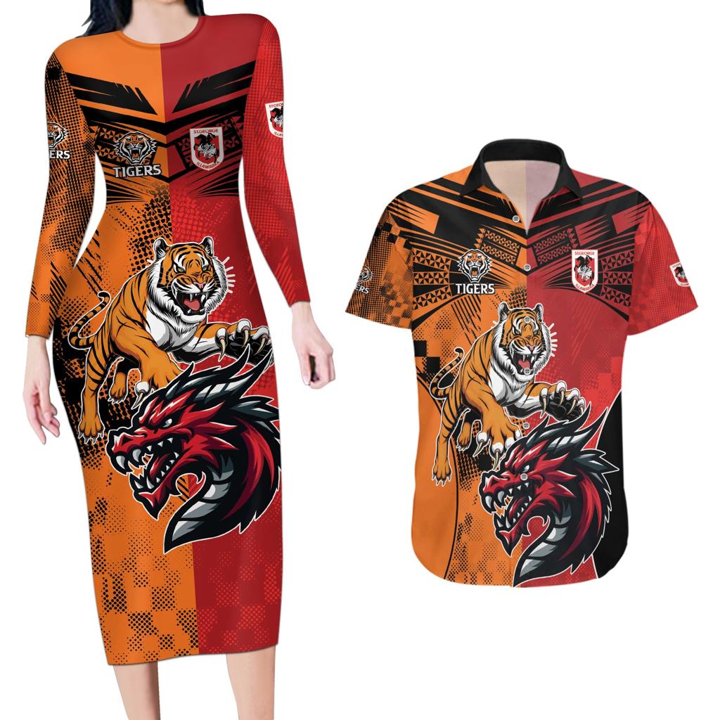 Custom Dragons and Tigers Couples Matching Long Sleeve Bodycon Dress and Hawaiian Shirt Rugby Mascot With Sporty Style