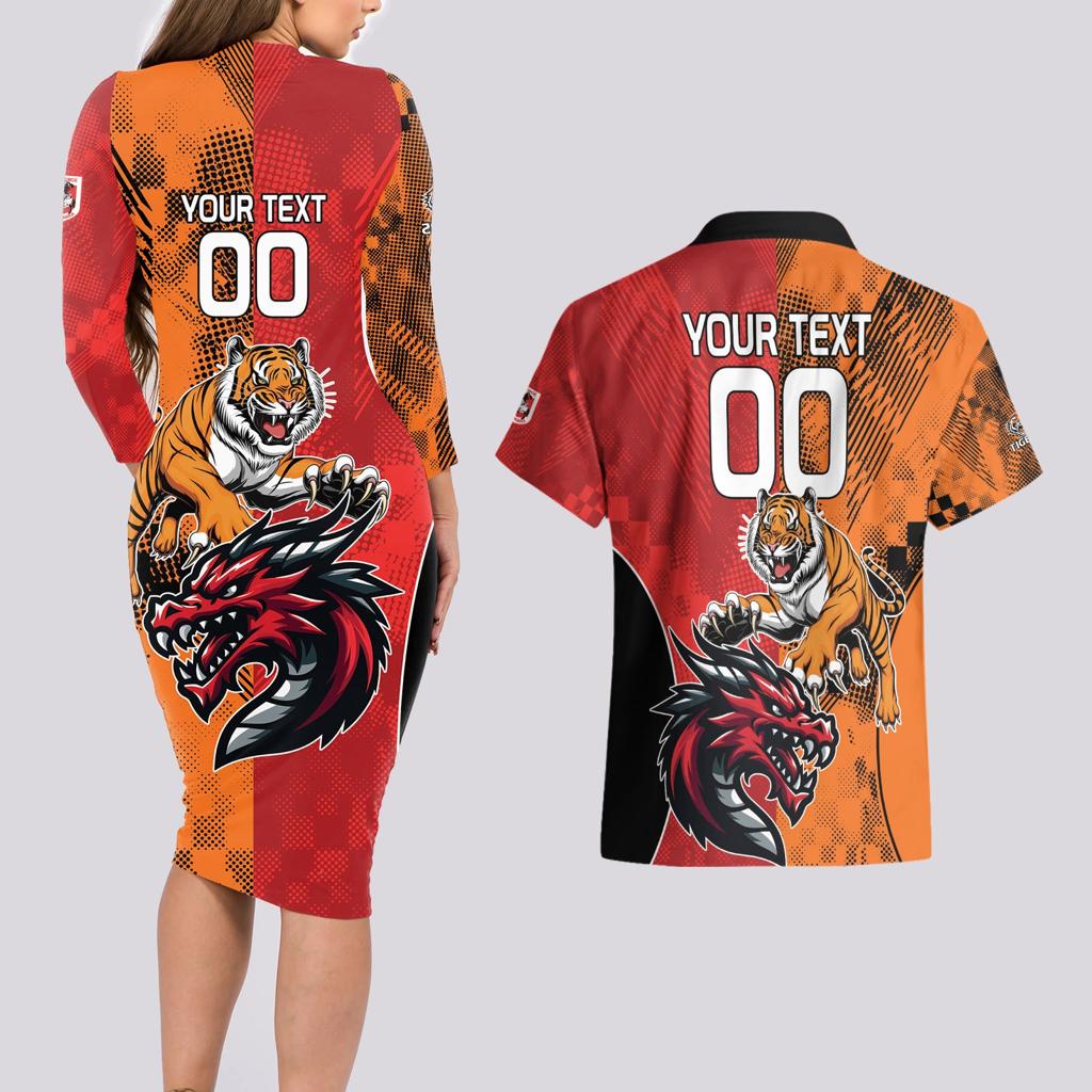 Custom Dragons and Tigers Couples Matching Long Sleeve Bodycon Dress and Hawaiian Shirt Rugby Mascot With Sporty Style