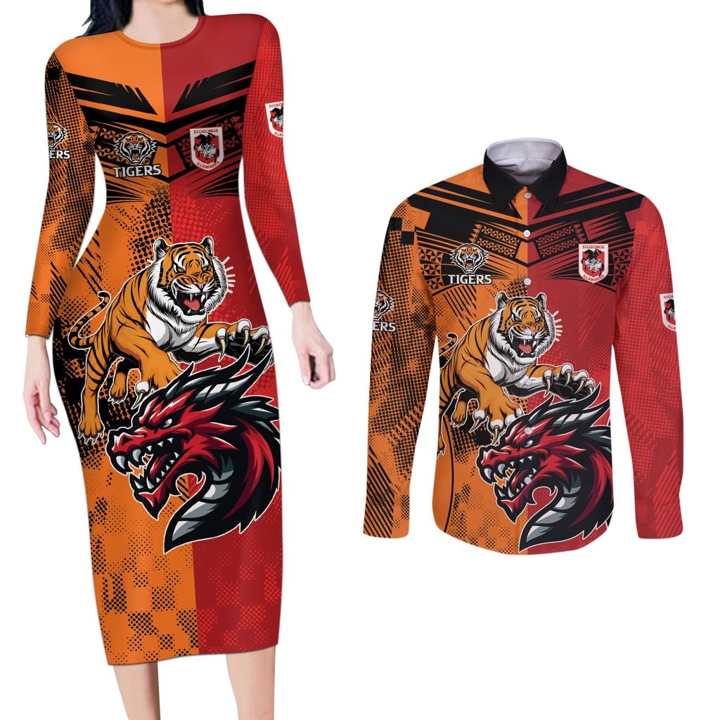 Custom Dragons and Tigers Couples Matching Long Sleeve Bodycon Dress and Long Sleeve Button Shirt Rugby Mascot With Sporty Style