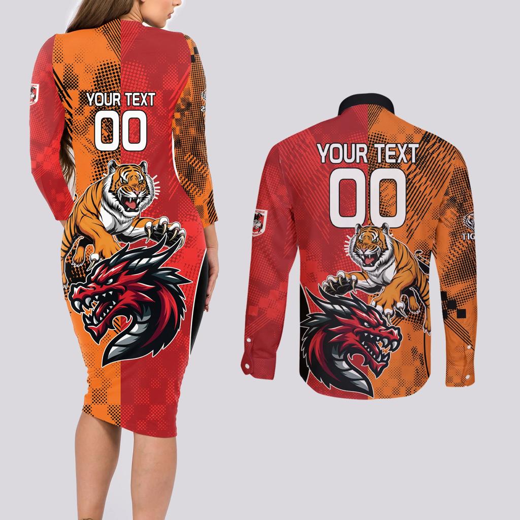 Custom Dragons and Tigers Couples Matching Long Sleeve Bodycon Dress and Long Sleeve Button Shirt Rugby Mascot With Sporty Style