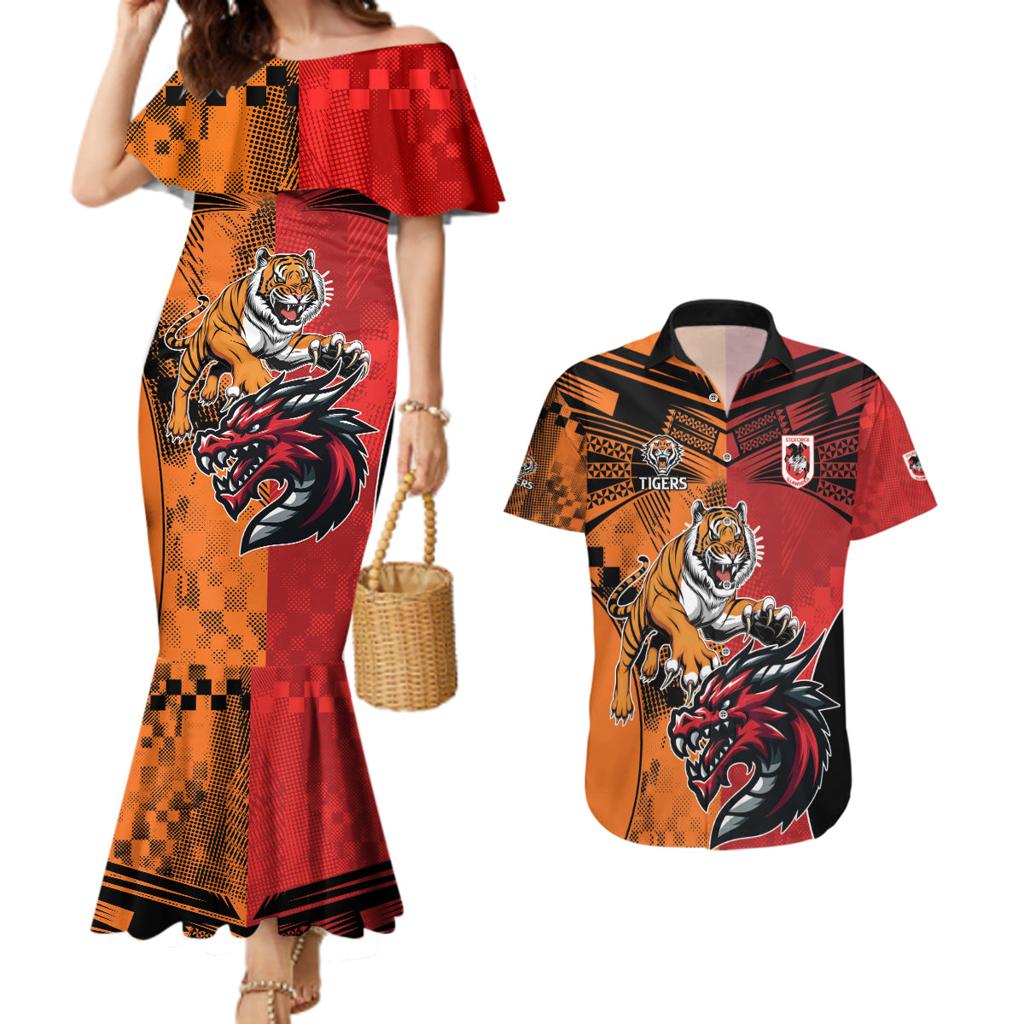 Custom Dragons and Tigers Couples Matching Mermaid Dress and Hawaiian Shirt Rugby Mascot With Sporty Style