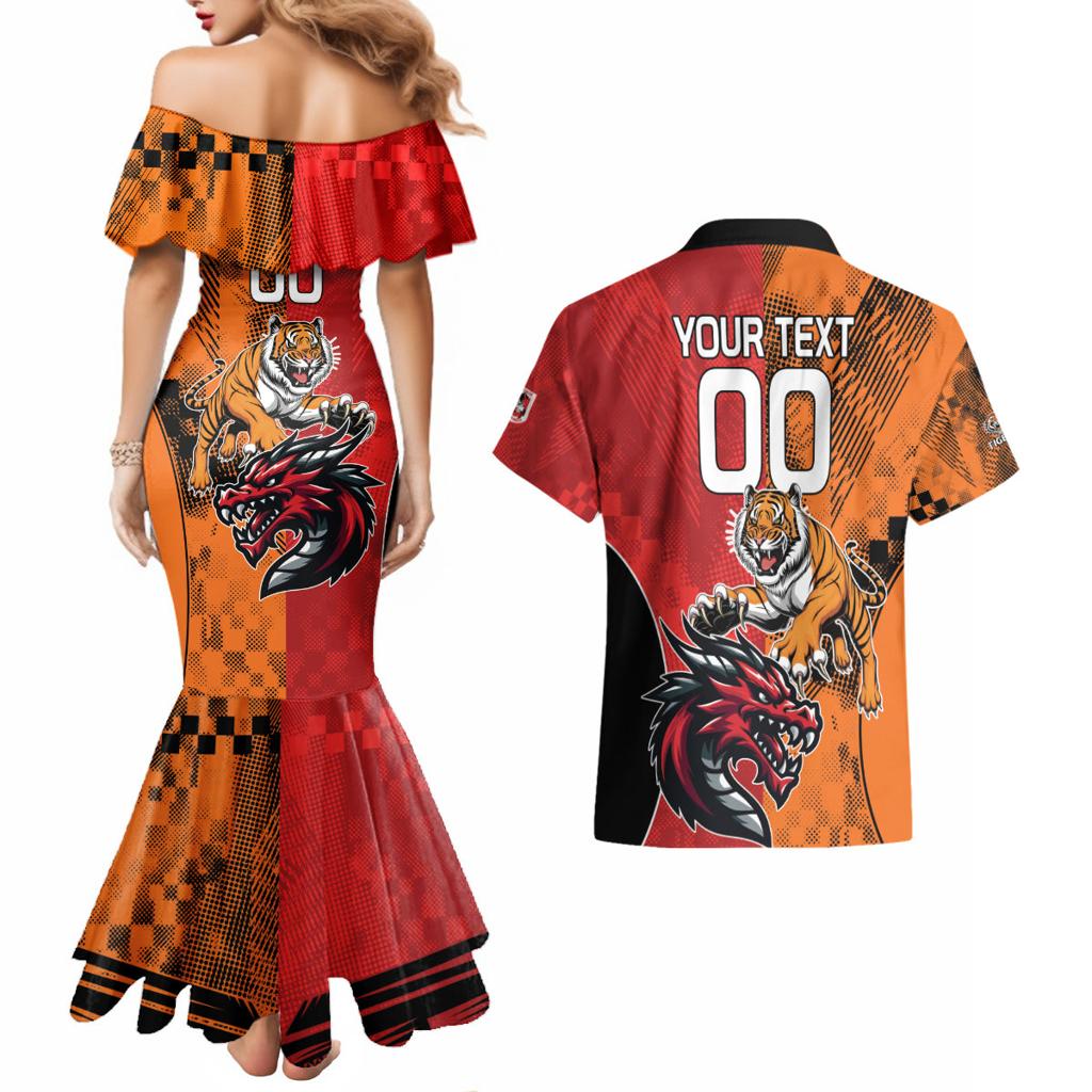 Custom Dragons and Tigers Couples Matching Mermaid Dress and Hawaiian Shirt Rugby Mascot With Sporty Style