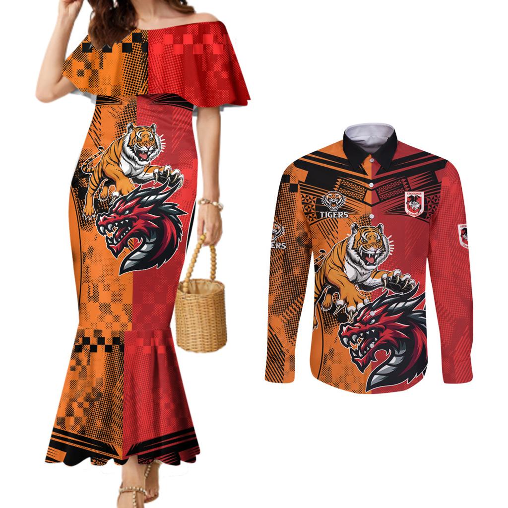 Custom Dragons and Tigers Couples Matching Mermaid Dress and Long Sleeve Button Shirt Rugby Mascot With Sporty Style