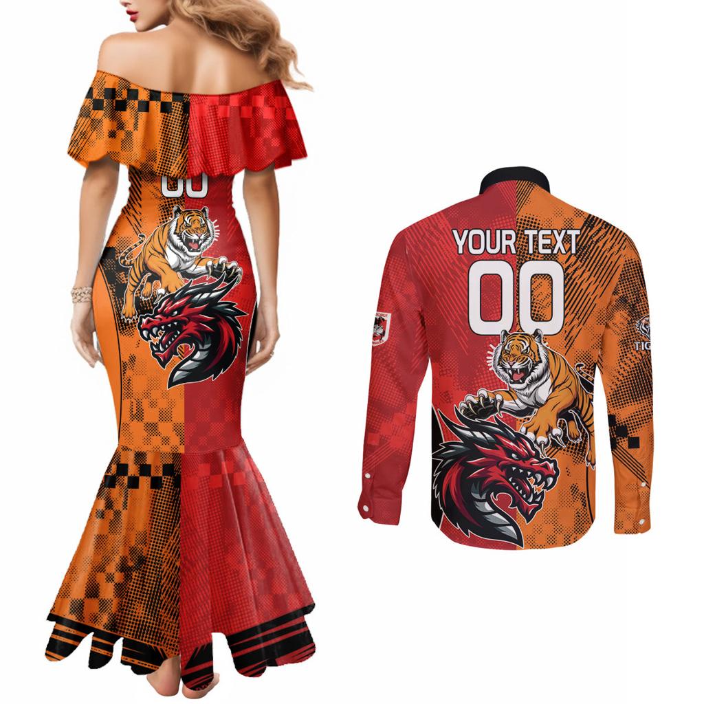 Custom Dragons and Tigers Couples Matching Mermaid Dress and Long Sleeve Button Shirt Rugby Mascot With Sporty Style
