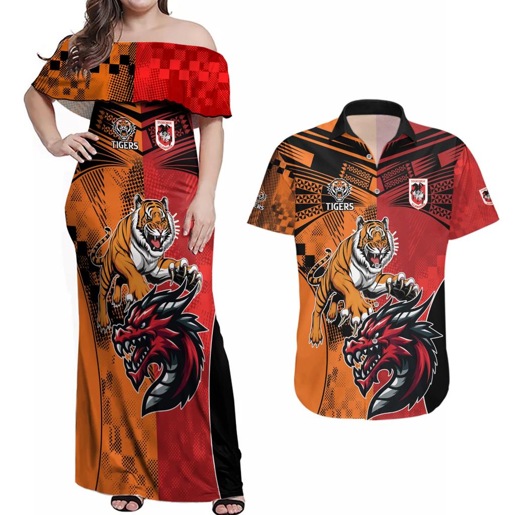 Custom Dragons and Tigers Couples Matching Off Shoulder Maxi Dress and Hawaiian Shirt Rugby Mascot With Sporty Style