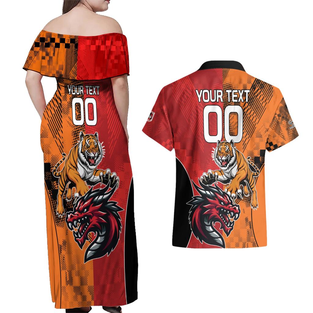 Custom Dragons and Tigers Couples Matching Off Shoulder Maxi Dress and Hawaiian Shirt Rugby Mascot With Sporty Style